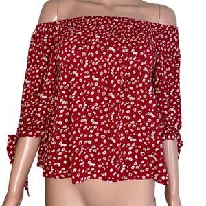 One Clothing Red Off Shoulder Ruched Floral Blouse Top SZ M crinkle cut flowy